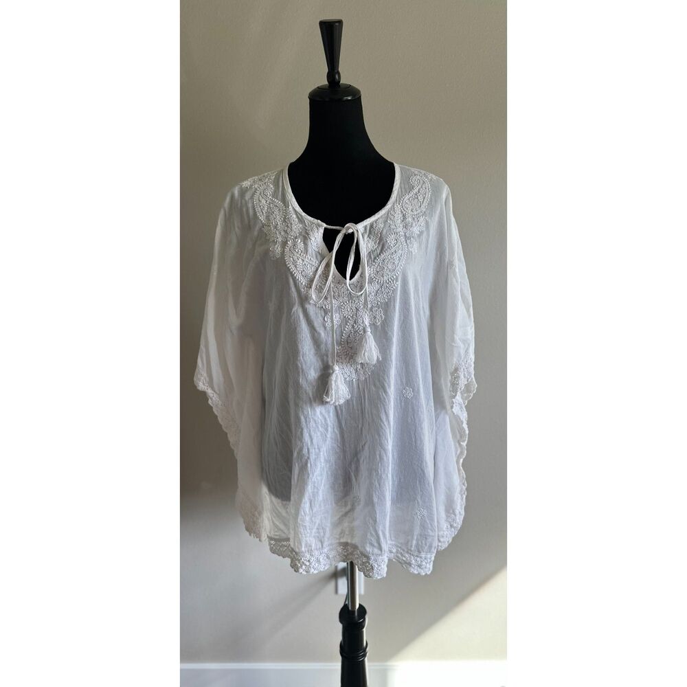 HOLI White Cotton Embroidered Tie Neck Tasseled Oversized Tunic Top Size L
